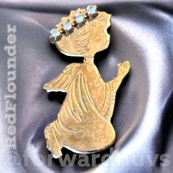 Vintage Gold Tone Angel Praying with Rhinestone Halo Brooch - Picture 5 of 9